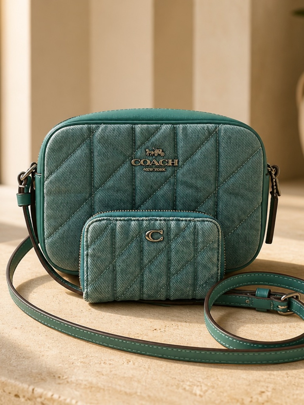 Like New! Coach distress Teal Quilted Crossbody Bag with wallet